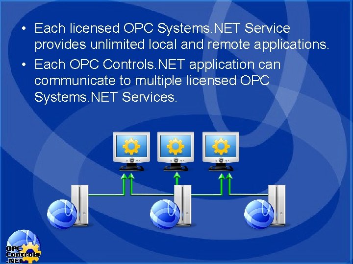 • Each licensed OPC Systems. NET Service provides unlimited local and remote applications. • Each licensed OPC Systems. NET Service provides unlimited local and remote applications.