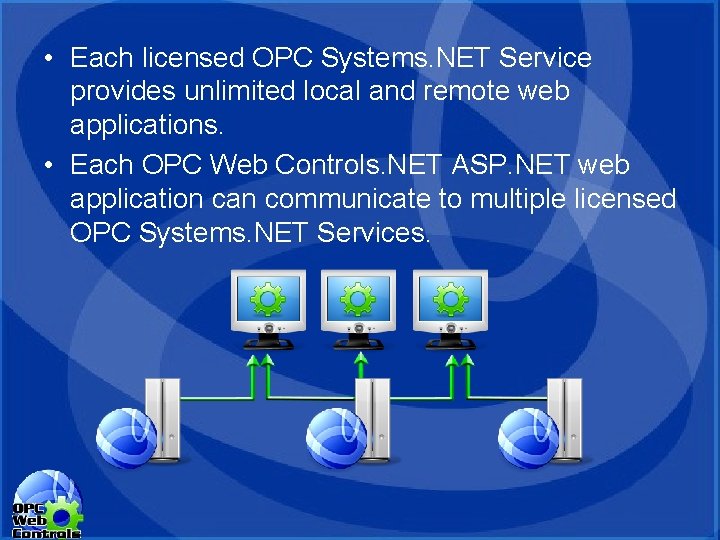 • Each licensed OPC Systems. NET Service provides unlimited local and remote web • Each licensed OPC Systems. NET Service provides unlimited local and remote web