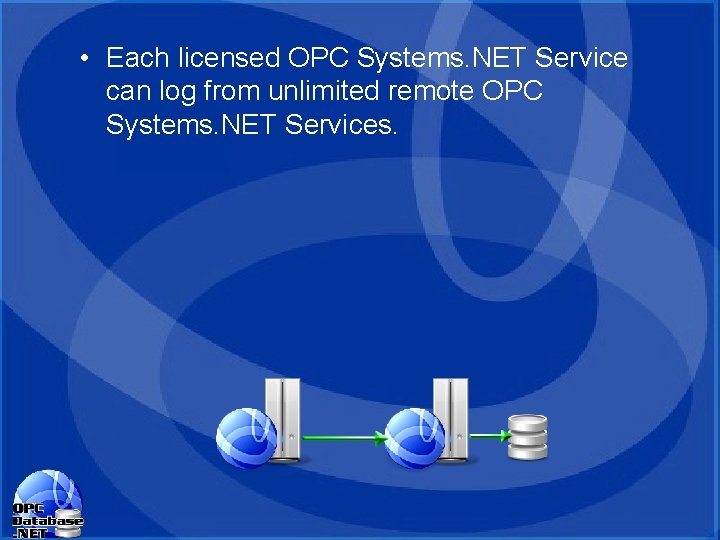 • Each licensed OPC Systems. NET Service can log from unlimited remote OPC • Each licensed OPC Systems. NET Service can log from unlimited remote OPC