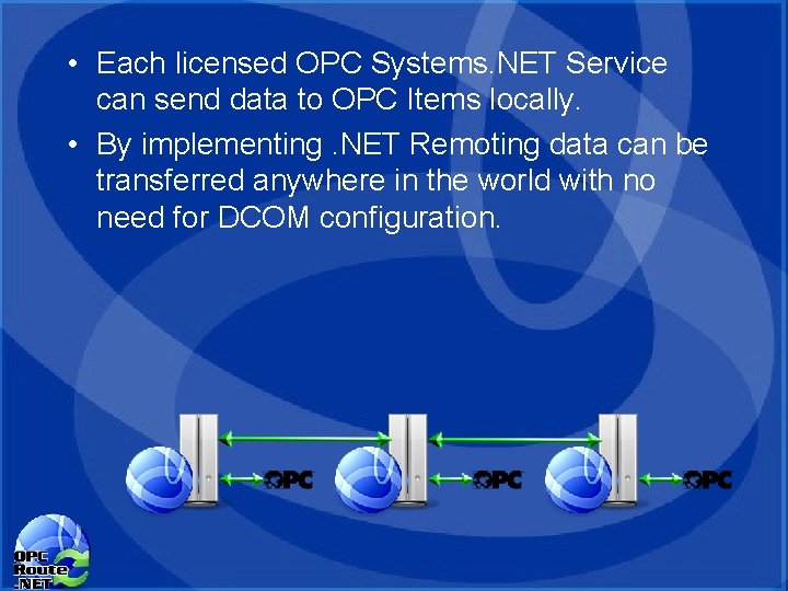 • Each licensed OPC Systems. NET Service can send data to OPC Items • Each licensed OPC Systems. NET Service can send data to OPC Items