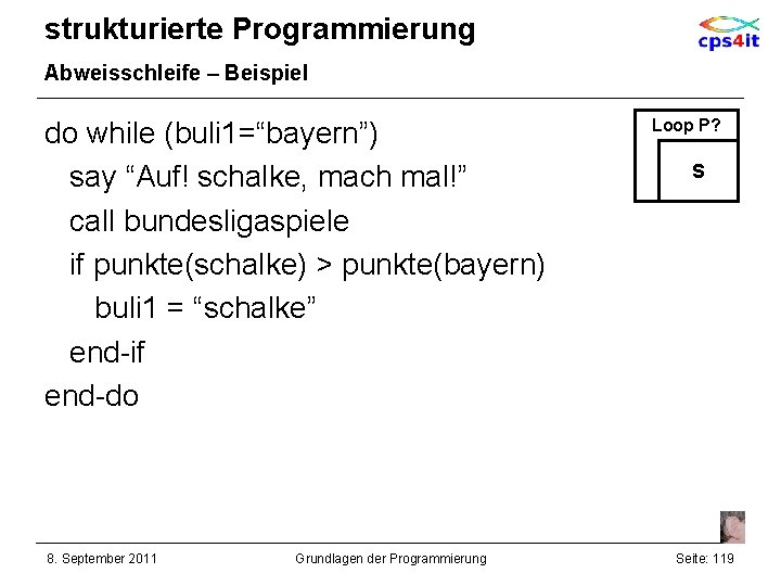 strukturierte Programmierung Abweisschleife – Beispiel do while (buli 1=“bayern”) say “Auf! schalke, mach mal!”