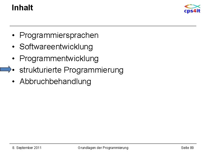 Inhalt • • • Programmiersprachen Softwareentwicklung Programmentwicklung strukturierte Programmierung Abbruchbehandlung 8. September 2011 Grundlagen