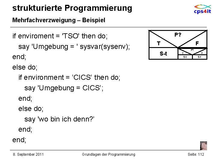 strukturierte Programmierung Mehrfachverzweigung – Beispiel if enviroment = 'TSO' then do; say 'Umgebung =