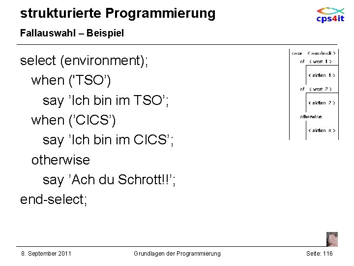 strukturierte Programmierung Fallauswahl – Beispiel select (environment); when ('TSO’) say ’Ich bin im TSO’;