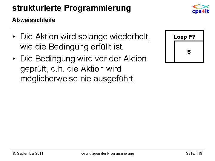 strukturierte Programmierung Abweisschleife • Die Aktion wird solange wiederholt, wie die Bedingung erfüllt ist.