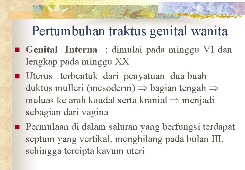 Pertumbuhan traktus genital wanita n n n Genital Interna : dimulai pada minggu VI