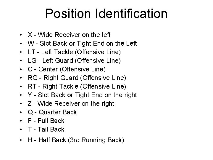 Position Identification • • • X - Wide Receiver on the left W -
