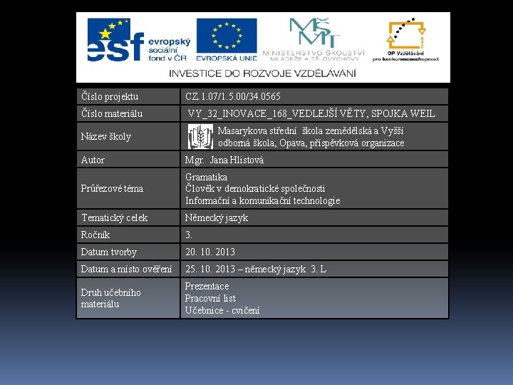 Číslo projektu CZ. 1. 07/1. 5. 00/34. 0565 Číslo materiálu VY_32_INOVACE_168_VEDLEJŠÍ VĚTY, SPOJKA WEIL