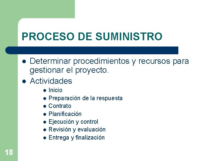 PROCESO DE SUMINISTRO l l Determinar procedimientos y recursos para gestionar el proyecto. Actividades PROCESO DE SUMINISTRO l l Determinar procedimientos y recursos para gestionar el proyecto. Actividades