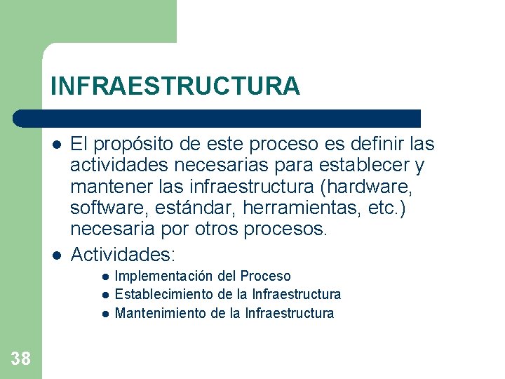 INFRAESTRUCTURA l l El propósito de este proceso es definir las actividades necesarias para INFRAESTRUCTURA l l El propósito de este proceso es definir las actividades necesarias para