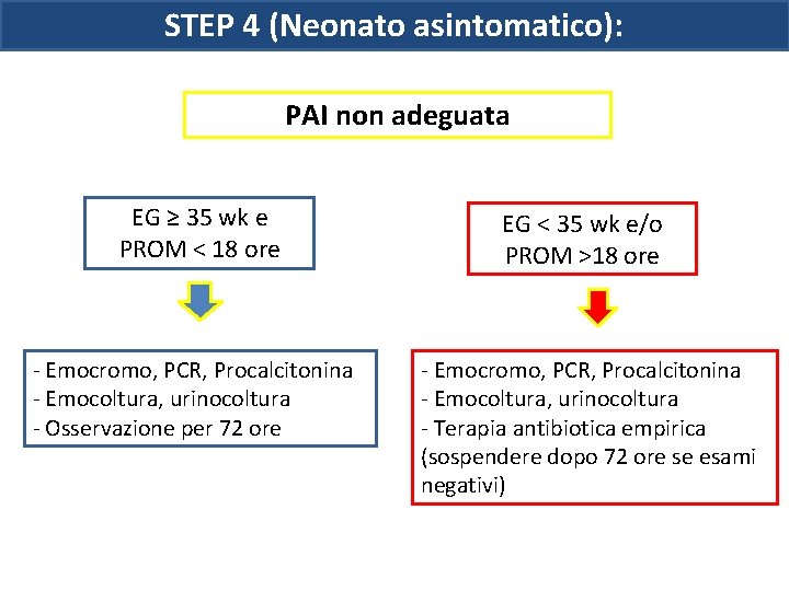 STEP 4 (Neonato asintomatico): PAI non adeguata EG ≥ 35 wk e PROM <