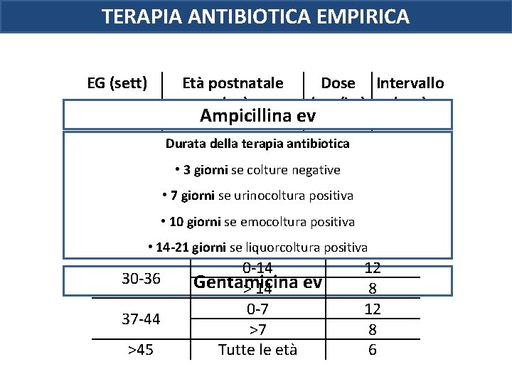 TERAPIA ANTIBIOTICA EMPIRICA EG (sett) Età postnatale Dose Intervallo (gg) (mg/kg) (ore) Ampicillina ev