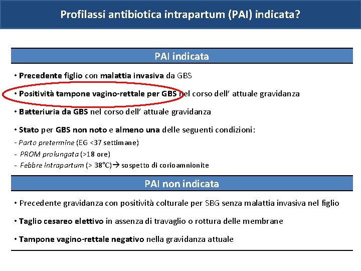 Profilassi antibiotica intrapartum (PAI) indicata? PAI indicata • Precedente figlio con malattia invasiva da