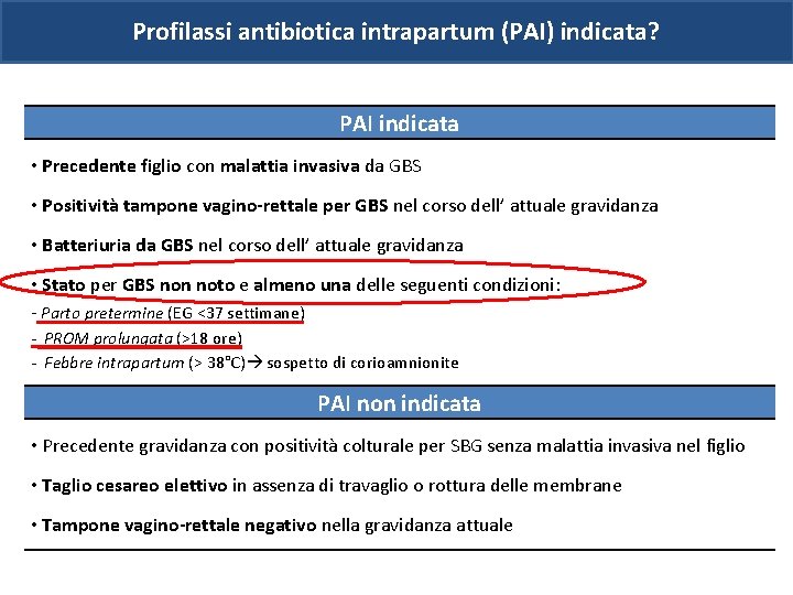 Profilassi antibiotica intrapartum (PAI) indicata? PAI indicata • Precedente figlio con malattia invasiva da