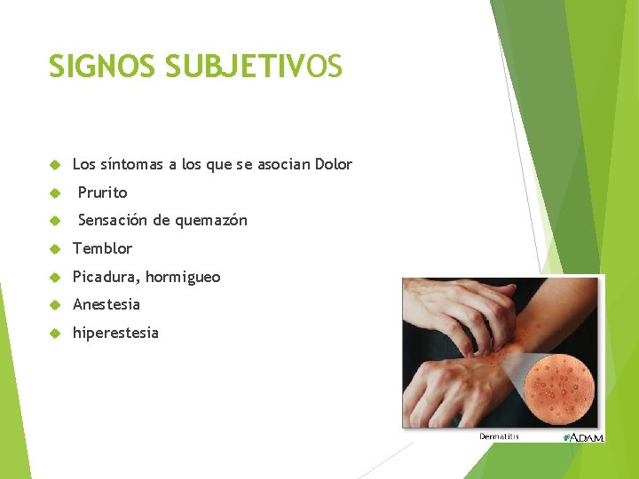SIGNOS SUBJETIVOS Los síntomas a los que se asocian Dolor Prurito Sensación de quemazón