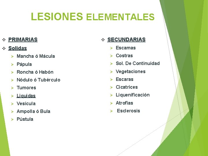 LESIONES ELEMENTALES v PRIMARIAS v Solidas v SECUNDARIAS Ø Escamas Ø Mancha ó Mácula