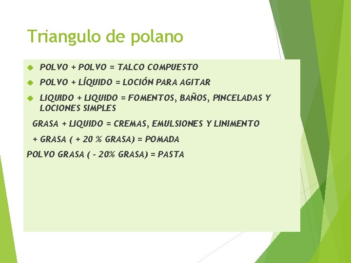 Triangulo de polano POLVO + POLVO = TALCO COMPUESTO POLVO + LÍQUIDO = LOCIÓN