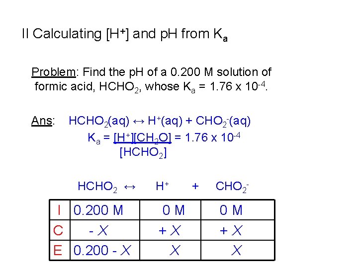 II Calculating [H+] and p. H from Ka Problem: Find the p. H of