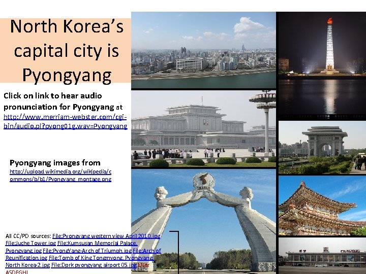 North Korea’s capital city is Pyongyang Click on link to hear audio pronunciation for