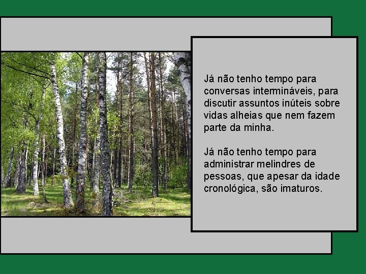 Já não tenho tempo para conversas intermináveis, para discutir assuntos inúteis sobre vidas alheias