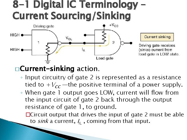 8 -1 Digital IC Terminology – Current Sourcing/Sinking � Current-sinking action. ◦ Input circuitry