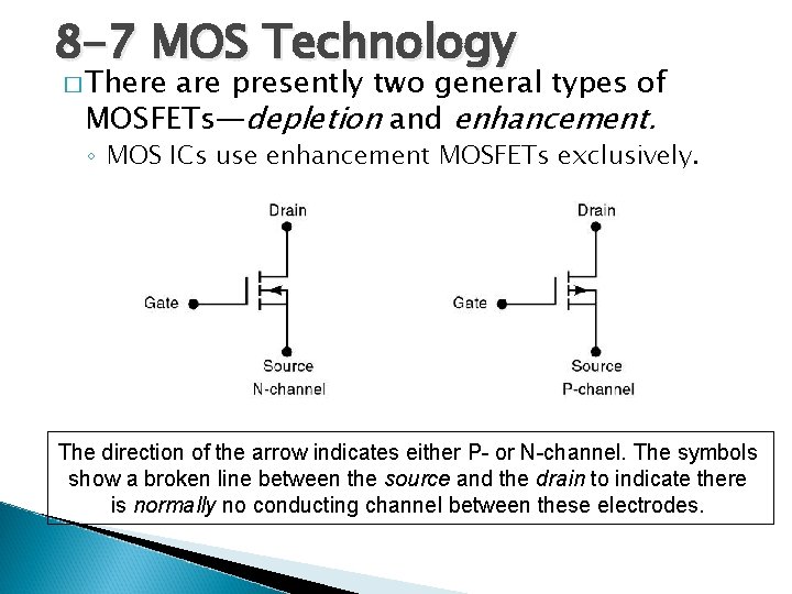 8 -7 MOS Technology � There are presently two general types of MOSFETs—depletion and