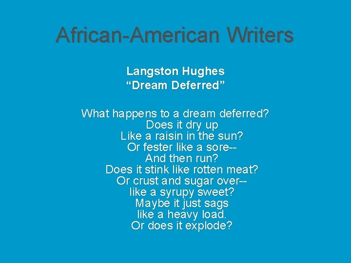 African-American Writers Langston Hughes “Dream Deferred” What happens to a dream deferred? Does it