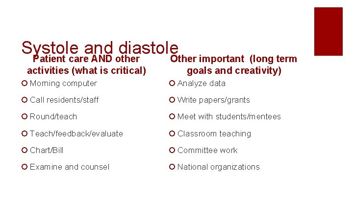 Systole and diastole Patient care AND other Other important activities (what is critical) (long