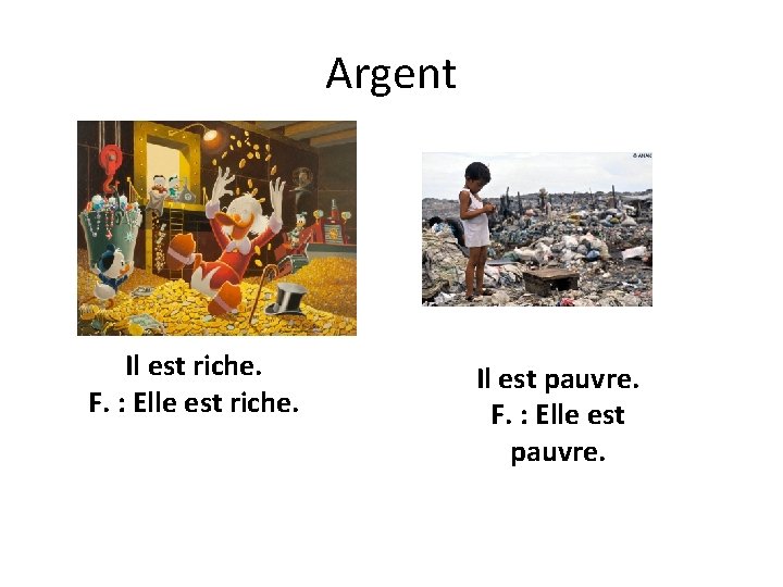 Argent Il est riche. F. : Elle est riche. Il est pauvre. F. :