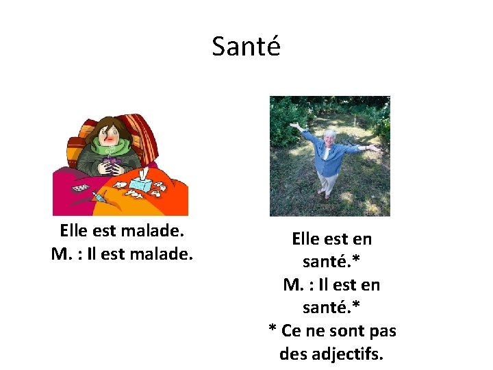 Santé Elle est malade. M. : Il est malade. Elle est en santé. *