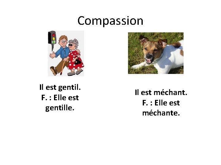 Compassion Il est gentil. F. : Elle est gentille. Il est méchant. F. :