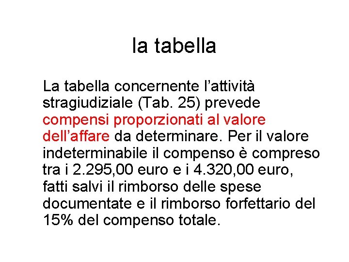 la tabella La tabella concernente l’attività stragiudiziale (Tab. 25) prevede compensi proporzionati al valore