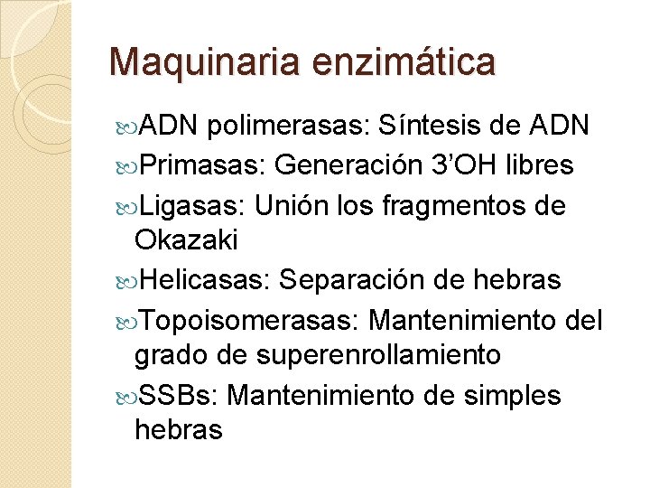 Maquinaria enzimática ADN polimerasas: Síntesis de ADN Primasas: Generación 3’OH libres Ligasas: Unión los