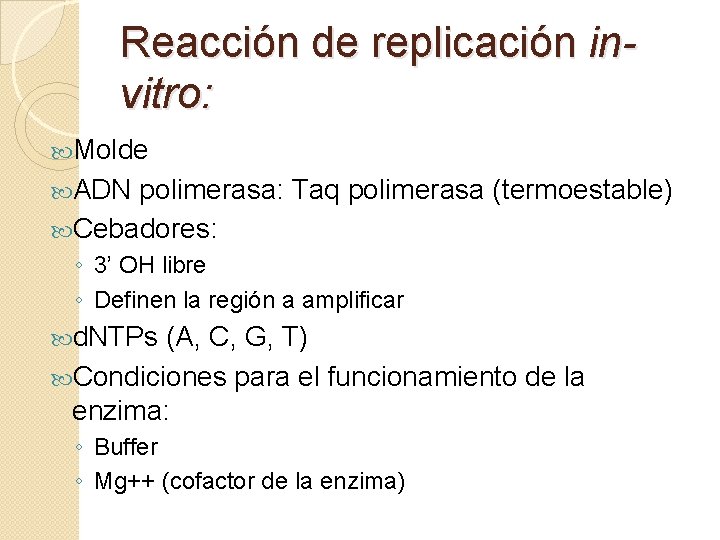 Reacción de replicación invitro: Molde ADN polimerasa: Taq polimerasa (termoestable) Cebadores: ◦ 3’ OH