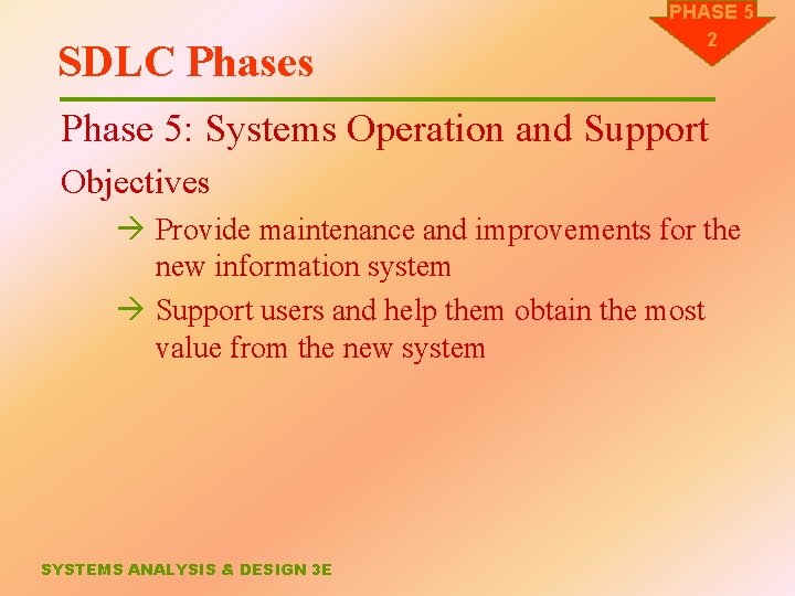 SDLC Phases PHASE 5 2 Phase 5: Systems Operation and Support Objectives à Provide