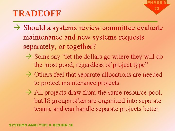 TRADEOFF PHASE 5 23 à Should a systems review committee evaluate maintenance and new
