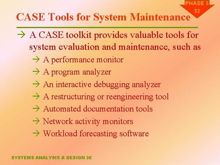 PHASE 5 32 CASE Tools for System Maintenance à A CASE toolkit provides valuable