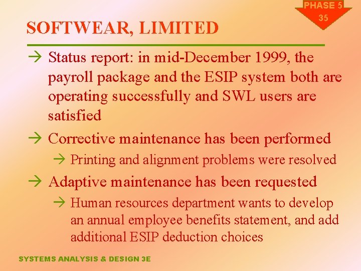 SOFTWEAR, LIMITED PHASE 5 35 à Status report: in mid-December 1999, the payroll package
