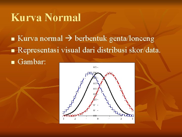 Kurva Normal n n n Kurva normal berbentuk genta/lonceng Representasi visual dari distribusi skor/data.