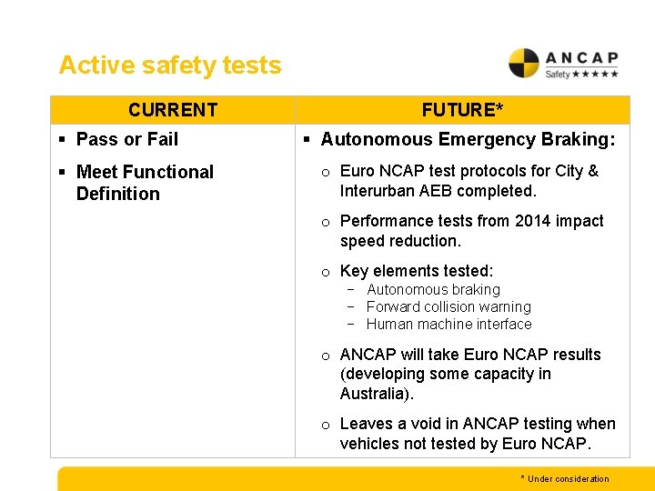 Active safety tests CURRENT § Pass or Fail § Meet Functional Definition FUTURE* §