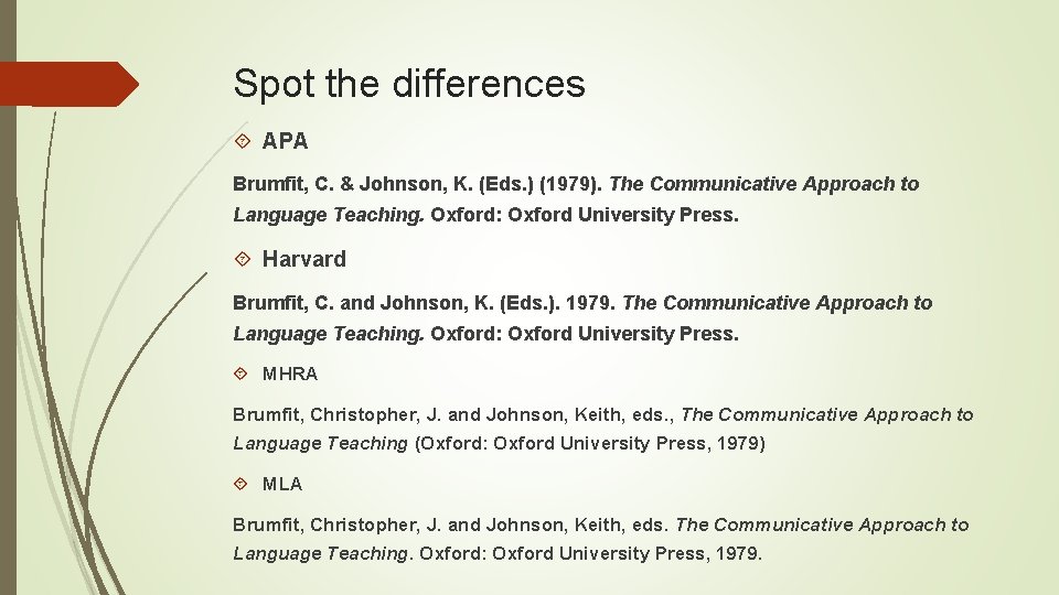 Spot the differences APA Brumfit, C. & Johnson, K. (Eds. ) (1979). The Communicative