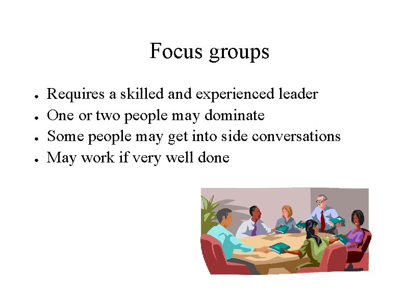Focus groups ● ● Requires a skilled and experienced leader One or two people Focus groups ● ● Requires a skilled and experienced leader One or two people