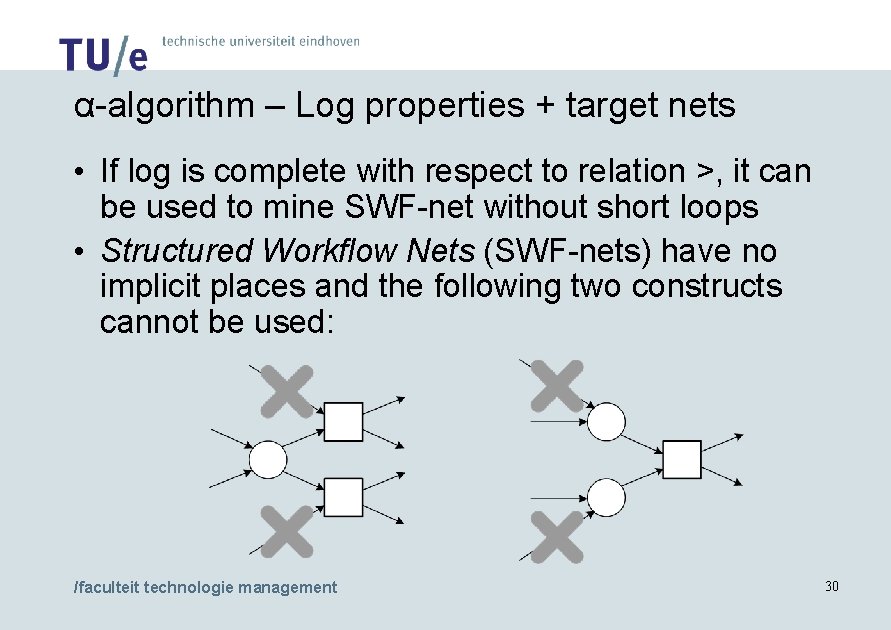 α-algorithm – Log properties + target nets • If log is complete with respect