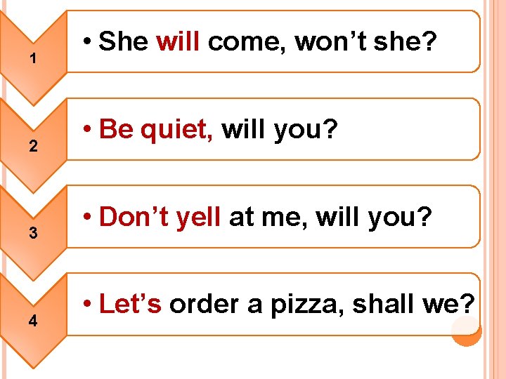 1 2 3 4 • She will come, won’t she? • Be quiet, will