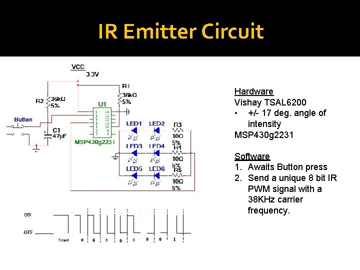 IR Emitter Circuit Hardware Vishay TSAL 6200 • +/- 17 deg. angle of intensity