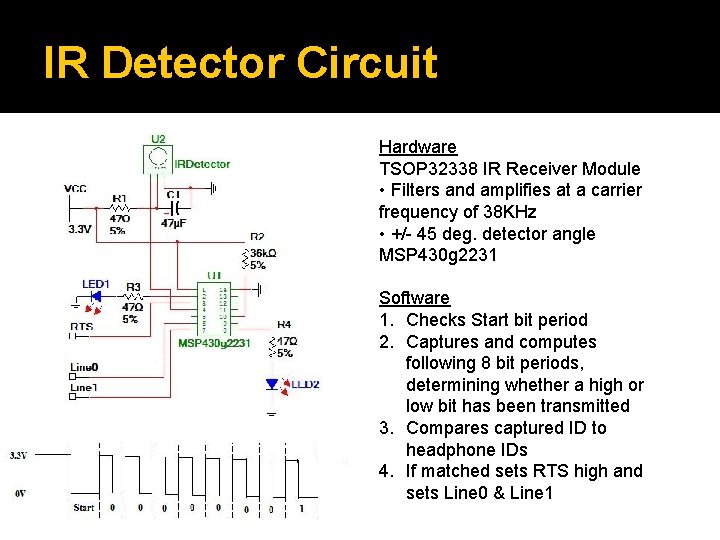 IR Detector Circuit Hardware TSOP 32338 IR Receiver Module • Filters and amplifies at