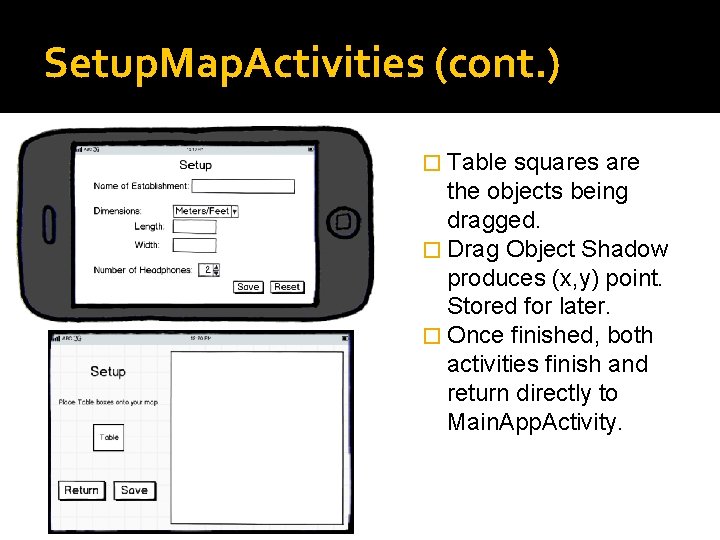 Setup. Map. Activities (cont. ) � Table squares are the objects being dragged. �