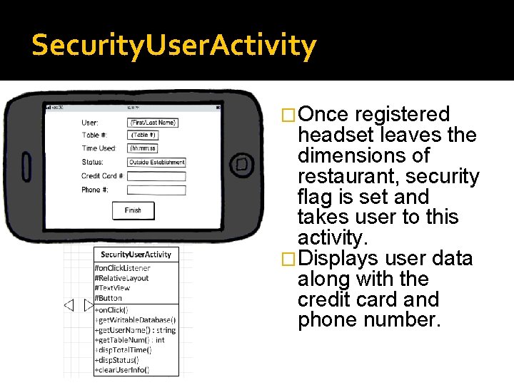 Security. User. Activity �Once registered headset leaves the dimensions of restaurant, security flag is