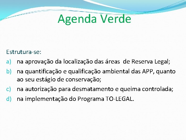 Agenda Verde Estrutura-se: a) na aprovação da localização das áreas de Reserva Legal; b)