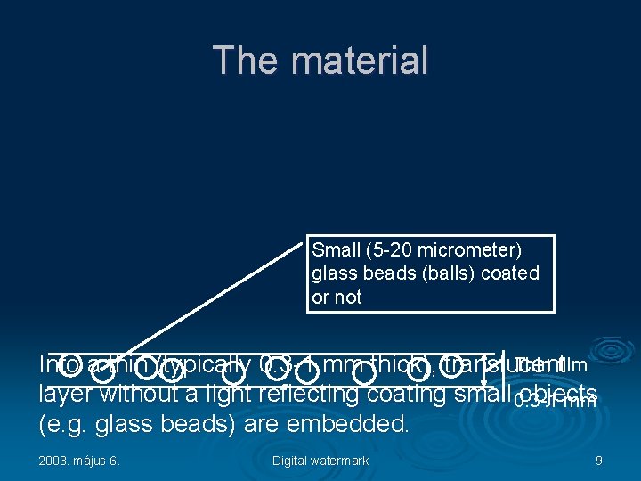 The material Small (5 -20 micrometer) glass beads (balls) coated or not Thin film